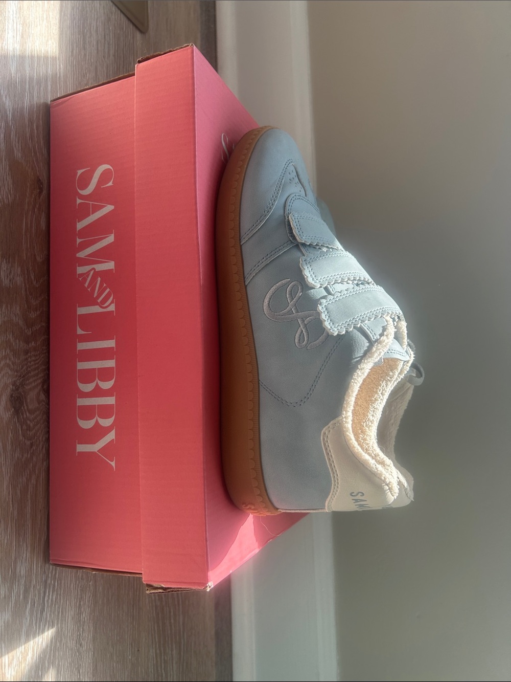 Women’s Light Blue Velcro Leather Sneaker with Gum Sole